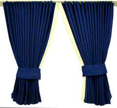 Dunkelblaue LKW-Innengardinen aus Polyester, mit hellen R�ndern und R�ckhalteb�ndern.