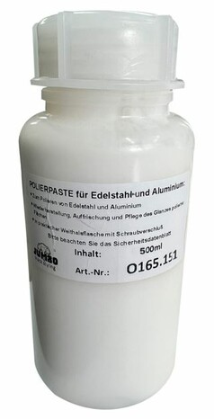 Wei�e Weithalsflasche mit Schraubverschluss, gef�llt mit 500ml Polierpaste f�r Edelstahl und Aluminium.
