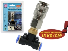 Schwarze T-St�ck Schnellkupplung mit blauen Anschl�ssen und silberfarbener Metallkupplung. Maximaler Druck 13 kg/cm�.
