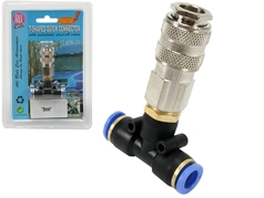 T-St�ck Schnellkupplung 6mm aus schwarzem Kunststoff mit blauen Anschl�ssen und silberner Metallkupplung.