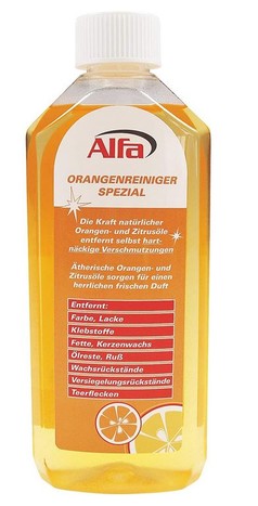 Alfa Orangenreiniger Spezial in klarer Flasche mit gelber Fl�ssigkeit und wei�em Deckel. Orangen- und Zitrus-Grafik auf dem Etikett.