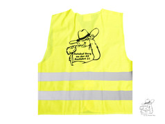 Neon-gelbe Warnweste mit zwei reflektierenden Streifen und dem schwarzen Autohof Berg B�r Aufdruck.