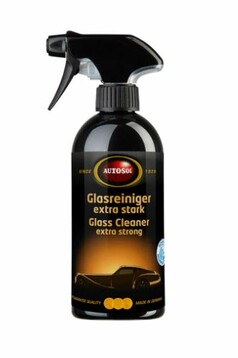 Schwarze Spr�hflasche des Autosol Glasreinigers extra stark mit goldener Beschriftung.