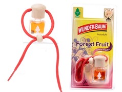 Wunder-Baum Autoduft Forest Fruit: Glasflakon mit orangefarbener Fl�ssigkeit, Holzverschluss und rotem Band, in Verpackung.