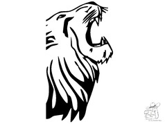 Schwarz-wei�er, br�llender L�wenkopf im Profil. Das Design des halben b�sen L�wen Aufklebers.
