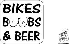 Wei�er Aufkleber mit schwarzem Schriftzug "Bikes Boobs & Beer", wobei die "OO" als Br�ste dargestellt sind.
