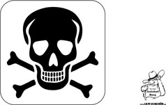 Schwarzer Totenkopf mit gekreuzten Knochen auf wei�em Hintergrund in einem abgerundeten Quadrat.