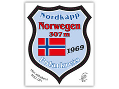Oldschool Nordkapp Aufkleber in Schildform mit norwegischer Flagge und Text: Nordkapp, Norwegen, 307m, 1969, Polarkreis.