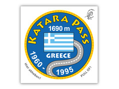 Oldschool Aufkleber "Katara" rund, blau-gelb, mit griechischer Flagge, Gebirgsstra�e und Schriftzug "KATARA PASS".