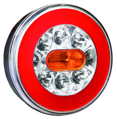 Runde LED-R�ckleuchte f�r LKW mit rotem Rand, klaren Brems-/R�cklicht-LEDs und orangefarbenem Blinker.