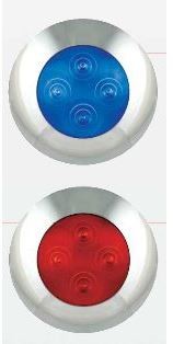 Zwei runde Innenraumlampen mit silbernem Geh�use. Eine leuchtet rot, die andere blau.