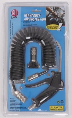 Verpacktes Heavy Duty Luftpistolenset mit schwarzem Spiralschlauch, Luftpistole und Metallanschl�ssen.