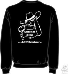 Schwarzes Autohof Berg Sweatshirt, R�ckseite, mit wei�em Aufdruck: Cartoon-B�r mit Hut, Sonnenbrille und "Am alten Autohof Berg".