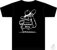 Schwarzes Autohof Berg Kinder T-Shirt aus Baumwolle mit wei�em Cartoon-B�r und Text "Am alten Autohof Berg" sowie "www.LKW-Zubehoer.de".