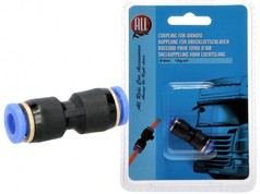 Schwarze Schnellkupplung mit blauen Ringen, lose und in blauer Verpackung mit Aufschrift "KUPPLUNG F�R DRUCKLUFTSCHLAUCH � 6mm".