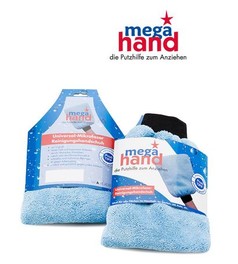 Hellblaue, flauschige Universal-Mikrofaser Reinigungshandschuhe von Mega Hand in der Verpackung.