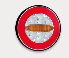 Runde LED-Heckleuchte mit rotem Positions-/Stoplicht und orangefarbenem Blinker.