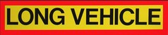 Gelber Aufkleber mit schwarzem Text "LONG VEHICLE" und rotem Rand.