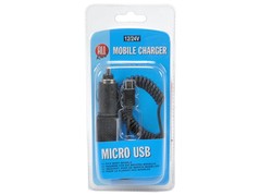 Schwarzes Micro USB Ladekabel mit 12/24V Zigarettenanz�nderstecker und Spiralkabel in Blisterverpackung.