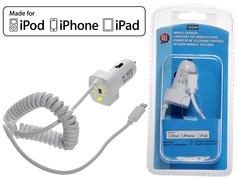 Wei�es 12/24V Kfz-Ladekabel mit Spiralkabel f�r iPod, iPhone und iPad, teilweise in Blisterverpackung.