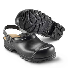 Schwarze SIKA Clog Sicherheitsschuhe aus Leder mit Riemen und Profilsohle.