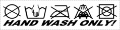 Ein wei�er Aufkleber "Handw�sche" mit schwarzen Waschsymbolen und dem Text "HAND WASH ONLY!".