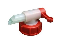 Abf�llhahn aus rotem und wei�em Kunststoff mit rotem Verschluss und Hebel.