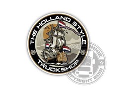 Runder, farbiger Aufkleber mit Segelschiff, niederl�ndischen Flaggen und dem Text 