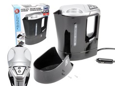 Schwarz-silberner 24V Wasserkocher mit Wasserstandsanzeige, 24V-Stecker und separater Halterung.