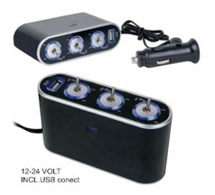Schwarze DTS 3er Steckdose mit USB-Anschluss, drei einzeln schaltbaren Steckdosen mit Kontrollleuchten und Kfz-Stecker.
