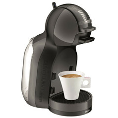 Schwarze Krups Dolce Gusto Mini ME Kaffeepadmaschine mit transparentem Wassertank und wei�er Kaffeetasse.