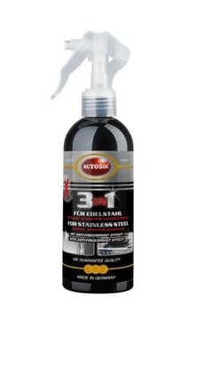 Schwarze AUTOSOL 3in1 Edelstahlreiniger Sprayflasche mit wei�em Spr�hkopf und Anti-Fingerprint Effekt.