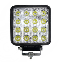 Quadratische LED-Arbeitslampe mit schwarzem Geh�use, mehreren LEDs und Edelstahl-Befestigung.