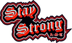 L�nglicher Aufkleber "Stay Strong A-S-T" in Rot und Grau auf Schwarz, mit gezacktem rotem Rand.