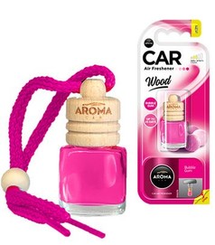 Rosa Aroma Car Holz Aroma Lufterfrischer Flasche mit pinker Kordel, daneben die Verpackung. Duft: Bubble Gum.