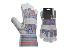 Arbeitshandschuhe Eco in Blau-Grau mit grauen Lederbes�tzen und Etikett mit Gr��e 10,5.