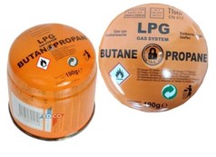 Orange Gaskartusche 190g mit LPG Butane Propane und ILL Sicherheit, von oben und der Seite gezeigt.