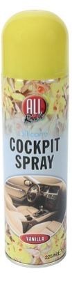 Gelbe Spr�hdose Cockpit Spray 225ml mit Vanille-Duft und Abbildung eines Auto-Interieurs.