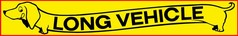 Gelber Aufkleber mit schwarzem Dackel-Design und dem Text "LONG VEHICLE".