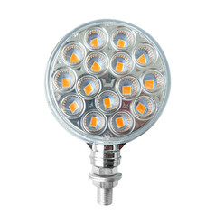 Runde Spiegellampe "Mini" mit klarem Glas und orangefarbenen LEDs auf silbernem Gewindebolzen.