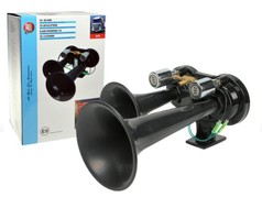 Schwarzes TGV-Drucklufthorn mit Doppelhorn und 24V-Anschluss, daneben die Produktverpackung mit E9-Zulassung.