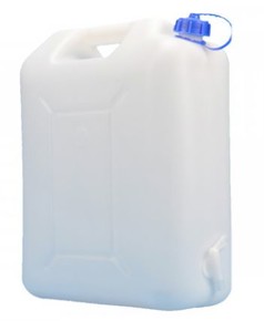Wei�er Kunststoff-Wasserkanister mit blauem Deckel und wei�em Hahn.