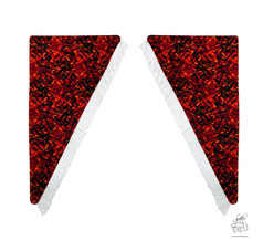 Rot-schwarze Pl�sch-LKW-Gardinen mit abstraktem Muster und wei�er Fransenborte.