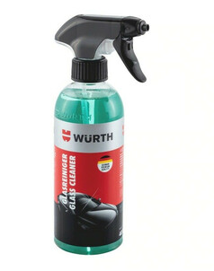 W�rth Glasreiniger 400ml in transparenter Flasche mit gr�nem Inhalt, schwarzem Spr�hkopf und Auto-Motiv auf dem Etikett.