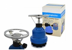 Blauer Metall-Gaskocher mit Topftr�ger und Produktverpackung. Auf der Box steht 