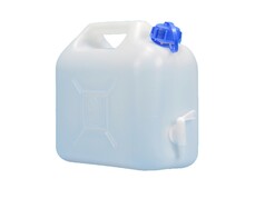 Transparenter 5l Wasserkanister aus Kunststoff mit blauem Deckel und wei�em Hahn.