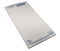 Gro�er wei�er Notizblock mit blauem Aufdruck: B�r-Logo, 