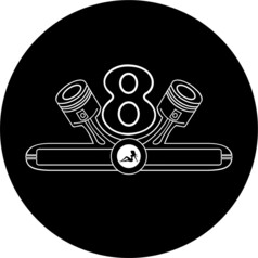 Innenbeleuchtetes Schild mit V8-Design, flankiert von Kolben und einer liegenden Frauensilhouette in Wei� auf Schwarz.