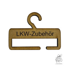 H�lzerner Minischalb�gel mit Haken und der Aufschrift "LKW-Zubeh�r".