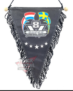 Grauer Wimpel mit schwarzen Fransen. Bedruckt mit V8-Symbol, niederl�ndischer und schwedischer Flagge, Schriftzug 